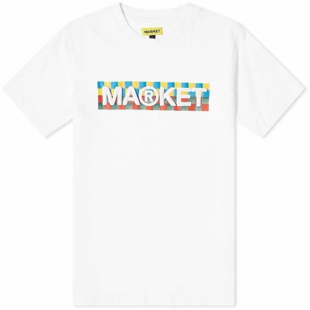 Market Men's Checkered Bar Logo T-Shirt in White STREETWEAR Size Large Cotton